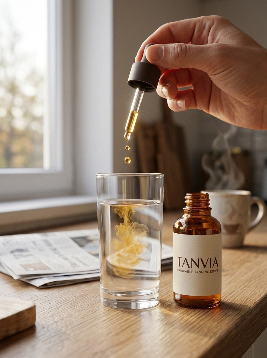 Adding TANVIA tanning drops to a glass of water