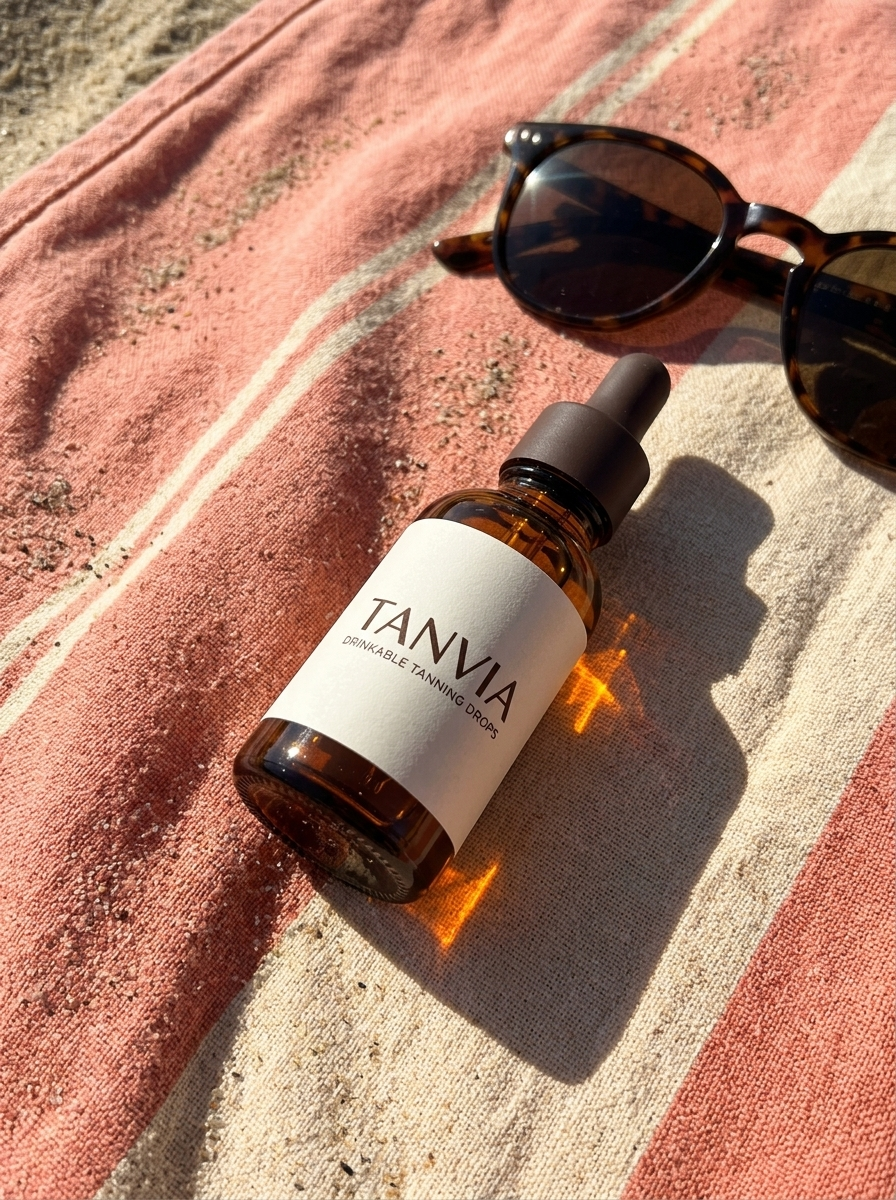 TANVIA bottle in the sun on a beach towel